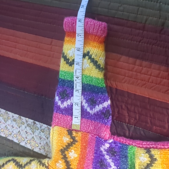 Handmade knit cowichan style boho rainbow wool zip front hooded baby sweater - Picture 15 of 16